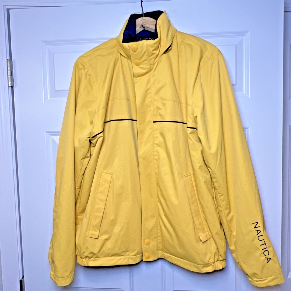 Nautica Reversible Jacket Large‎ Yellow Blue Nylon Fleece Lined Sailing RN 67835
